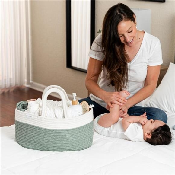 Large Baby Diaper Caddy Organizer Basket Rope Handles Nursery Storage Sage - Picture 2 of 7
